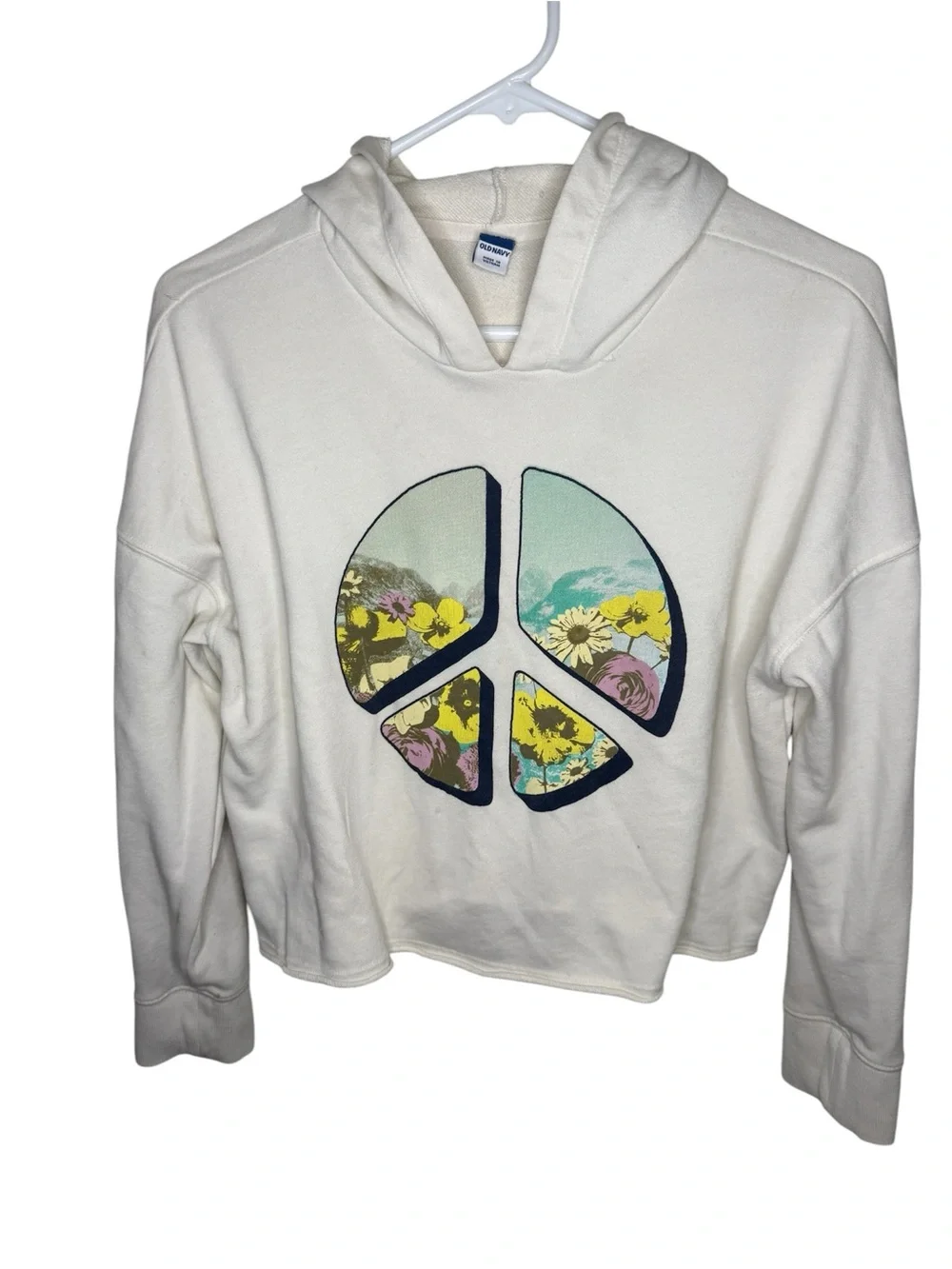 Old Navy Cream Floral Peace Sign Cropped Hoodie Sweatshirt XL 14-16